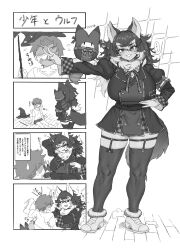 Rule 34 | 1boy, 1girl, 4koma, animal ears, arm up, blush, breasts, comic, dire wolf (kemono friends), flying sweatdrops, fur collar, garter straps, gloves, greyscale, grin, hair between eyes, hand on own hip, hands on own hips, hat, headset, height difference, highres, huge breasts, jacket, kakanashi1, kemono friends, kemono friends v project, legwear garter, long hair, long sleeves, looking at viewer, lucky beast (kemono friends), miniskirt, monochrome, neck ribbon, one eye closed, outstretched arm, plaid, plaid sleeves, plaid trim, ribbon, shirt, shoes, short sleeves, shorts, sitting, skindentation, skirt, smile, squatting, standing, sweatdrop, t-shirt, tail, thighhighs, translation request, twintails, v, v-shaped eyebrows, very long hair, virtual youtuber, wand, witch hat, wolf ears, wolf girl, wolf tail, zettai ryouiki