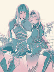 Rule 34 | 1boy, 1girl, alicia (valkyrie profile 2), armor, breasts, closed eyes, closed mouth, fingerless gloves, gloves, hairband, headband, holding hands, jewelry, leaf, long hair, monochrome, overskirt, puffy sleeves, ring, rufus (valkyrie profile), skirt, smile, thighhighs, valkyrie profile (series), valkyrie profile 2: silmeria, yuiki wakana
