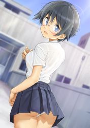 Rule 34 | 1girl, ass, black hair, blue eyes, blurry, blurry background, blush, bra visible through clothes, bralines, breasts, collared shirt, cowboy shot, from behind, furuyama itaru, glasses, looking at viewer, looking back, medium breasts, nape, open mouth, original, panties, pantyshot, pleated skirt, school, school uniform, see-through, shirt, shirt tucked in, short hair, skirt, solo, tareme, thighs, underwear, wet, wet clothes, wet shirt, white shirt