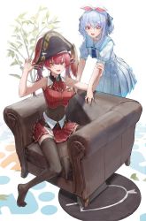 Rule 34 | 2girls, :d, absurdres, ascot, bare arms, black headwear, blue hair, blue neckerchief, blue ribbon, bodystocking, breasts, brown legwear, choker, couch, cropped jacket, feet, full body, hair ribbon, hat, highres, holding another&#039;s arm, hololive, houshou marine, jacket, long hair, medium breasts, miniskirt, multiple girls, neckerchief, no shoes, on couch, open mouth, pirate hat, plant, pleated skirt, puffy short sleeves, puffy sleeves, red ascot, red eyes, red hair, red jacket, red skirt, ribbon, sailor collar, shirt, short sleeves, sitting, skirt, sleeveless, sleeveless jacket, smile, thick eyebrows, thighhighs, twintails, two side up, usada pekora, usada pekora (casual), virtual youtuber, white choker, white sailor collar, white shirt, white skirt, yellow eyes, yukario