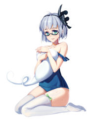 Rule 34 | 1girl, 7lark, bad id, bad pixiv id, bare shoulders, bespectacled, glasses, hair ribbon, konpaku youmu, konpaku youmu (ghost), off shoulder, one-piece swimsuit, ribbon, school swimsuit, self hug, silver hair, simple background, smile, solo, swimsuit, thighhighs, touhou, white thighhighs, zettai ryouiki