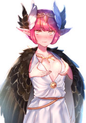 Rule 34 | 1girl, black cape, blush, breast hold, breasts, brown eyes, cape, circe (fate), cleavage, fate/grand order, fate (series), feather trim, full-face blush, hair ornament, jewelry, looking at viewer, medium breasts, moe (hamhamham), necklace, pink hair, pointy ears, short hair, solo, standing, sweatdrop