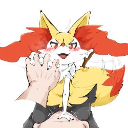 Rule 34 | +++, 1boy, 1girl, :3, ^^^, absurdres, animal ear fluff, animal ears, animal hands, animal nose, arm up, black fur, blush, body fur, braixen, claws, completely nude, creatures (company), disembodied hand, fangs, flat chest, fox ears, fox girl, fox tail, furry, furry female, furry with non-furry, game freak, gen 6 pokemon, girl on top, happy, happy sex, hetero, highres, holding hands, interlocked fingers, interspecies, looking at viewer, lying, motion lines, multicolored fur, navel, neck fur, nintendo, nude, on back, open mouth, pokemon, pokemon (creature), pokephilia, pov, pussy juice, raised eyebrows, red eyes, red leopard, sex, simple background, sketch, smile, snout, solo focus, stick, stomach, straddling, straight-on, sweat, tail, tail wagging, tongue, trembling, vaginal, white background, white fur, yellow fur