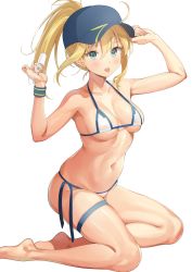 Rule 34 | 1girl, :p, absurdres, ahoge, ame (uten cancel), arms up, artoria pendragon (fate), bad id, bad twitter id, barefoot, baseball cap, bikini, blue eyes, blush, breasts, fate/grand order, fate (series), food, halterneck, hat, highres, long hair, looking at viewer, medium breasts, mysterious heroine x (fate), navel, ponytail, popsicle, side-tie bikini bottom, sidelocks, simple background, sitting, skindentation, solo, swimsuit, thigh strap, tongue, tongue out, white background, white bikini, wristband, yokozuwari