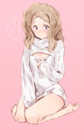 Rule 34 | 1girl, bare legs, barefoot, blue eyes, blush, brown hair, chibikko (morihito), eyebrows, long hair, meme attire, morihito, no pants, open-chest sweater, original, ribbed sweater, sitting, solo, sweater, thick eyebrows, thighs, turtleneck, wariza