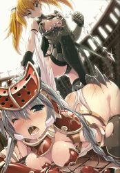 Rule 34 | 10s, 2girls, armor, ass, bikini armor, blonde hair, blood, blue eyes, breasts, bruise, crying, elina (queen&#039;s blade), elina (queen's blade), gloves, green eyes, highleg, highleg leotard, highres, huge ass, humiliation, injury, large breasts, leotard, long hair, mirim, moaning, multiple girls, non-web source, official art, open mouth, panties, queen&#039;s blade, queen&#039;s blade rebellion, queen&#039;s blade vanquished queens, revealing clothes, ruler of fangs elina, shiny skin, smile, tears, thong, thong leotard, torn clothes, tsurugi hagane, twintails, underwear, white leotard, wide hips