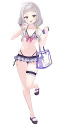 Rule 34 | 1girl, alternate costume, alternate hairstyle, bag, breasts, cellphone, cleavage, collarbone, commentary request, fingernails, full body, grey hair, handbag, highres, hololive, ichipon1515, leg up, legs, looking at viewer, medium hair, murasaki shion, nail polish, open mouth, phone, sandals, small breasts, solo, standing, standing on one leg, swimsuit, toenail polish, toenails, toes, v, virtual youtuber, yellow eyes