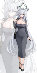 Rule 34 | 1girl, absurdres, ahoge, animal ear fluff, animal ears, bag, black choker, black footwear, blue archive, blue eyes, breasts, choker, cleavage, dark halo, dongtan dress, dress, extra ears, grey dress, grey hair, hair between eyes, halo, highres, holding, large breasts, long hair, long sleeves, looking at viewer, meme attire, mismatched pupils, multiple views, open mouth, shiroko (blue archive), shiroko terror (blue archive), shoes, shoulder bag, whoing x2, wolf ears, zoom layer
