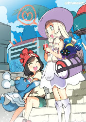 Rule 34 | 10s, 2girls, :d, ^ ^, bag, beanie, black hair, blonde hair, braid, brionne, building, cameo, closed eyes, cloud, commentary request, cosmog, creatures (company), crossover, cup, day, disposable cup, dress, drinking straw, duffel bag, game freak, gen 7 pokemon, green eyes, hat, headgear, heart, highres, kantai collection, legendary pokemon, lillie (pokemon), long hair, multiple girls, murakumo (kancolle), naitou ryuu, nintendo, open mouth, pokemon, pokemon (creature), pokemon sm, red hat, revision, see-through, selene (pokemon), shirt, short hair, shoulder bag, sitting, sitting on stairs, sketch, sky, sleeveless, sleeveless dress, smile, spoken heart, stairs, sun hat, tied shirt, twin braids, white dress, white hat