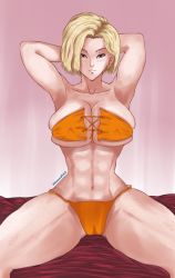Rule 34 | 1girl, abs, alkanoid743, android, android 18, armpits, arms behind head, arms up, bed, bed sheet, bedroom, blonde hair, blue eyes, bra, cyborg, dragon ball, dragon ball super, dragonball z, earrings, female focus, highres, jewelry, legs apart, looking at viewer, muscular, muscular female, nipples, panties, short hair, smile, smirk, solo, underwear