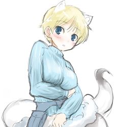 Rule 34 | 10s, 1girl, animal ears, blonde hair, blue eyes, blush, brave witches, breasts, large breasts, mozu (peth), nikka edvardine katajainen, pantyhose, short hair, sketch, solo, strike witches, sweater, white pantyhose, world witches series