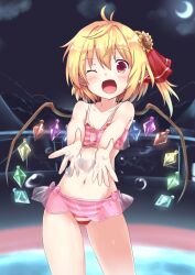 Rule 34 | 1girl, ;d, bare shoulders, bikini, blonde hair, blush, bow, collarbone, crescent moon, fang, flandre scarlet, flat chest, flower, gluteal fold, hair flower, hair ornament, hair ribbon, heart, highres, kuro (baseball0000), looking at viewer, moon, navel, night, night sky, one eye closed, open mouth, outdoors, pink bow, red bikini, red eyes, ribbon, see-through, short hair, skin fang, sky, smile, solo, standing, striped bikini, striped clothes, sunflower, sunflower hair ornament, swimsuit, touhou, water