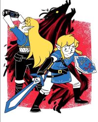 Rule 34 | 1boy, 1girl, belt, black footwear, black pants, blonde hair, blue shirt, border, braid, commentary, english commentary, flat color, french braid, full body, highres, holding, holding shield, holding sword, holding weapon, link, master sword, nintendo, outside border, pants, pointy ears, princess zelda, red background, sarah sketches, sheikah slate, shield, shirt, short hair, standing, sword, the legend of zelda, the legend of zelda: breath of the wild, weapon, white border, white pants