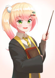 Rule 34 | 1girl, :d, blonde hair, blouse, blush, cloak, dress shirt, fang, gradient hair, green eyes, hair ornament, hairclip, harry potter (series), highres, hogwarts school uniform, holding, holding wand, hololive, long hair, momosuzu nene, multicolored hair, necktie, open mouth, pink hair, pom pom (clothes), pom pom hair ornament, school uniform, shirt, side ponytail, smile, solo, typho, upper body, virtual youtuber, wand, white shirt, wizarding world, yellow necktie