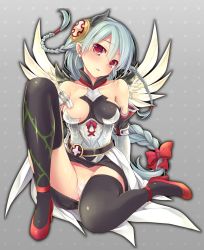 Rule 34 | 1girl, aftersex, blush, bow, braid, breasts, covered erect nipples, cum, detached sleeves, earrings, female focus, high heels, jewelry, long hair, nipples, no panties, open mouth, pink eyes, pointy ears, puzzle &amp; dragons, red eyes, shoes, solo, tears, valkyrie (p&amp;d), very long hair, white hair