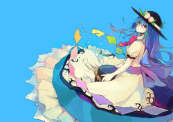Rule 34 | 1girl, blue hair, dress, female focus, food, fruit, full body, hat, hinanawi tenshi, holding, jq, keystone, long hair, looking at viewer, peach, red eyes, simple background, solo, touhou