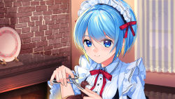 Rule 34 | 1girl, blue eyes, blue hair, blush, brick wall, curtains, cutting hair, fireplace, hair ribbon, holding, holding scissors, indoors, looking at viewer, maid, mochiko kagamino, official art, original, plate, red ribbon, ribbon, scissors, short hair, smile, solo focus, upper body
