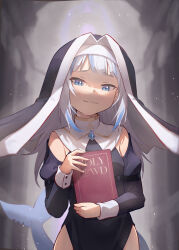 Rule 34 | 1girl, absurdres, alternate costume, black dress, black headwear, blue eyes, blue hair, blunt bangs, book, hugging book, brooch, church, commentary, crystal, dress, english commentary, fins, fish tail, gawr gura, grey hair, habit, half-closed eyes, hands up, highres, hirotaka0125, holding, holding book, hololive, hololive english, indoors, jewelry, long hair, looking at viewer, looking down, multicolored hair, nun, hugging object, off-shoulder dress, off shoulder, shark girl, shark tail, smug, streaked hair, tail, virtual youtuber, wrist cuffs