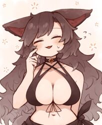 Rule 34 | 1girl, animal ear fluff, animal ears, bikini, black bikini, blush, breasts, brooch, brown hair, cleavage, closed eyes, collarbone, commentary, highres, imaizumi kagerou, jewelry, kaginoni, large breasts, long hair, long sleeves, motion lines, open mouth, solo, swimsuit, touhou, upper body, wolf ears