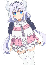 Rule 34 | 1girl, :o, beads, blue eyes, blunt bangs, blush, commentary request, dragon girl, dragon horns, dress, duplicate, frills, fur collar, hair beads, hair ornament, hairband, horns, kanna kamui, kobayashi-san chi no maidragon, light purple hair, long hair, looking at viewer, low twintails, n (n45987607), parted lips, pixel-perfect duplicate, simple background, solo, thighhighs, twintails, very long hair, white background, white thighhighs