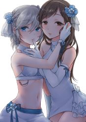 Rule 34 | 10s, 2girls, anastasia (idolmaster), bad id, bad pixiv id, bare shoulders, blue eyes, brown eyes, brown hair, colored eyelashes, earrings, finger to another&#039;s mouth, gloves, groin, hair ornament, hairband, hand on another&#039;s hip, highres, idolmaster, idolmaster cinderella girls, jewelry, long hair, looking at viewer, mironomeo, multiple girls, navel, nitta minami, short hair, silver hair, sleeveless, sleeveless turtleneck, turtleneck, white background, white gloves, yuri