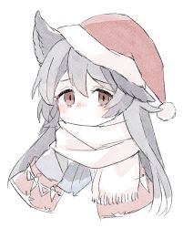 Rule 34 | 1girl, animal ears, black hair, blush, capelet, closed mouth, cropped shoulders, eno (preno gb), granblue fantasy, hat, long hair, looking at viewer, nier (granblue fantasy), nose blush, pale color, red eyes, santa hat, scarf, simple background, solo, white background