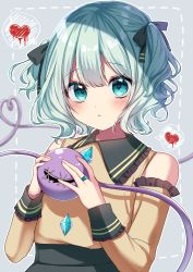 Rule 34 | 1girl, absurdres, adapted costume, aqua eyes, aqua hair, bare shoulders, black ribbon, blush, detached sleeves, frilled shirt collar, frills, grey background, hair ribbon, hands up, heart, heart-shaped pupils, highres, holding, komeiji koishi, long sleeves, looking at viewer, medium hair, no headwear, outline, parted lips, ribbon, shinonome asu, shirt, simple background, solo, symbol-shaped pupils, third eye, touhou, two side up, upper body, white outline, yellow shirt, ||/