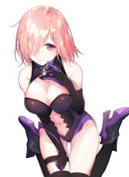 Rule 34 | 1girl, akira (ying), bare shoulders, black footwear, black gloves, black leotard, black thighhighs, blush, boots, breasts, cleavage, closed mouth, elbow gloves, fate/grand order, fate (series), gloves, hair over one eye, hand on own chest, hand up, high heel boots, high heels, highres, large breasts, leotard, looking at viewer, mash kyrielight, navel, pink hair, purple eyes, short hair, simple background, sitting, solo, thighhighs, wariza, white background