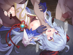 Rule 34 | 1girl, 2boys, ahoge, asphyxiation, bare shoulders, blue gloves, blue hair, bodysuit, breasts, censored, clothed female nude male, detached sleeves, drooling, ganyu (genshin impact), genshin impact, gloves, goat horns, gyuunyuukeepaa, hetero, horns, leotard, long hair, lying, male masturbation, masturbation, medium breasts, mosaic censoring, multiple boys, nipples, nude, on back, open mouth, pantyhose, penis, pubic hair, purple eyes, rape, saliva, sex, shiny skin, tears, tongue, tongue out, torn bodysuit, torn clothes, translation request, vaginal, very long hair