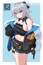 Rule 34 | 1girl, absurdres, aircell, bare shoulders, belt, black gloves, black jacket, black shirt, black shorts, bow, breasts, bronya zaychik, bronya zaychik (haxxor bunny), bronya zaychik (silverwing: n-ex), closed mouth, collared shirt, cowboy shot, crop top, gloves, grey hair, hair bow, hand on own hip, highres, honkai (series), honkai impact 3rd, jacket, large breasts, long hair, long sleeves, midriff, navel, off shoulder, aged up, open clothes, open jacket, ponytail, raised eyebrow, revealing clothes, shirt, short shorts, shorts, skindentation, sleeveless, sleeveless shirt, solo, stomach, thigh strap, thighs, very long hair