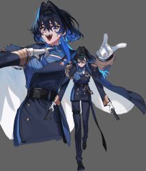Rule 34 | 1girl, adjusting clothes, belt, black belt, blue cape, blue eyes, blue hair, blue jacket, blue necktie, blue pants, blue shirt, cape, collared shirt, colored inner hair, dual wielding, eus ing, fangs, gloves, gradient hair, gun, hair between eyes, hair intakes, handgun, highres, holding, holding gun, holding weapon, hololive, hololive english, jacket, long hair, long sleeves, looking at viewer, military jacket, military uniform, multicolored hair, necktie, necktie grab, neckwear grab, open mouth, ouro kronii, pants, shirt, smile, solo, uniform, virtual youtuber, weapon, white gloves