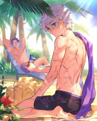 Rule 34 | 2boys, arms behind head, back, beach chair, black male swimwear, black swim trunks, blue sky, cloud, day, eyes visible through hair, fate/grand order, fate (series), father and son, floral print, flower, galahad (fate), glasses, grand dobu, hair over one eye, highres, lancelot (fate/grand order), looking at viewer, looking back, male focus, male swimwear, mini flag, multiple boys, palm tree, print male swimwear, print swim trunks, print swimsuit, purple hair, sand, sand castle, sand sculpture, scar, sky, solo focus, swim trunks, swimsuit, tree, tree shade, white hair, yellow eyes