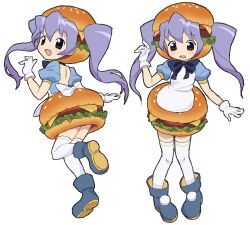 Rule 34 | 1girl, absurdres, blue footwear, brown eyes, burger, colinarmis, commentary, english commentary, food, food-themed clothes, gloves, hand up, highres, leg up, long hair, multiple views, open mouth, original, purple hair, short sleeves, simple background, thighhighs, twintails, white background, white gloves, white thighhighs