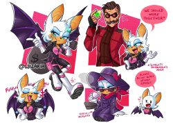 Rule 34 | +++, 1boy, 1girl, alternate costume, animal ears, animal nose, arrow (symbol), artist name, bag, bat ears, bat girl, bat tail, bat wings, bodysuit, boots, brown hair, carrying, character sheet, chibi, coat, commentary, cup, dollar sign, dr. eggman, english commentary, english text, facial hair, fang, feet out of frame, fingerless gloves, full body, furry, furry female, gem, gloves, goggles, green eyes, grin, half-closed eyes, hat, height difference, high collar, highres, holding, jacket, laughing, long sleeves, multiple views, mustache, over shoulder, real life, rouge the bat, shirt, short hair, sitting, smile, sonic (live action), sonic (series), sonic the hedgehog, sonic the hedgehog (film), tail, upper body, white hair, wings, wizaria, wizzzaria, zipper, zipper pull tab