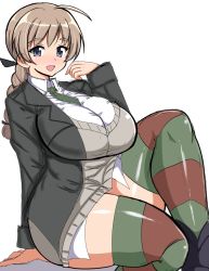 Rule 34 | 1girl, blue eyes, blush, braid, breasts, brown hair, huge breasts, kimisono, long hair, looking at viewer, lynette bishop, multicolored clothes, multicolored legwear, shiny skin, simple background, single braid, sitting, smile, solo, strike witches, striped clothes, striped thighhighs, sweater vest, thick thighs, thighhighs, thighs, white background, world witches series