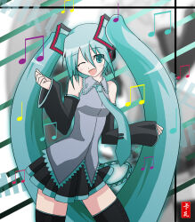 Rule 34 | 1girl, aqua eyes, aqua hair, artist request, blue necktie, detached sleeves, grey shirt, happy, hatsune miku, looking at viewer, musical note, necktie, one eye closed, shirt, skirt, sleeveless, sleeveless shirt, solo, twintails, vocaloid
