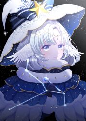 Rule 34 | 1girl, absurdres, blue eyes, cloak, constellation, forehead jewel, fur-trimmed cloak, fur trim, hat, highres, night, night sky, original, personification, signature, sky, solo, star (sky), star (symbol), starry sky, user ntkz3222, white hair, white hat, wing ears, witch, witch hat
