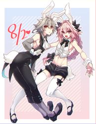 Rule 34 | 2boys, animal ears, astolfo (fate), bare shoulders, blue background, bow, bowtie, bunny day, commentary request, elbow gloves, eyes visible through hair, fake animal ears, fate/apocrypha, fate (series), full body, gloves, grey hair, hair between eyes, haoro, heart, highres, leotard, long hair, looking at viewer, male focus, male playboy bunny, midriff, multicolored hair, multiple boys, multiple girls, navel, pants, pink hair, playboy bunny, purple eyes, rabbit ears, rabbit tail, shorts, sieg (fate), simple background, sleeveless, stomach, streaked hair, striped, striped background, tail, thighhighs, trap, two-tone hair, white hair