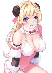 Rule 34 | 1girl, absurdres, ahoge, bad id, bad pixiv id, bare shoulders, bikini, blonde hair, breasts, cleavage, closed mouth, collar, commentary, detached sleeves, fur-trimmed collar, fur-trimmed sleeves, fur trim, hair ribbon, highres, hololive, horns, ishiusu, large breasts, leaning forward, long hair, looking at viewer, navel, pink ribbon, purple eyes, ribbon, sheep horns, sidelocks, simple background, sitting, smile, solo, stomach, swept bangs, swimsuit, tsunomaki watame, tsunomaki watame (1st costume), virtual youtuber, white background, white bikini
