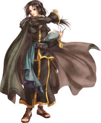 Rule 34 | 1boy, belt, black cape, black hair, black robe, blue sash, book, brown belt, brown footwear, cape, facial mark, fire emblem, fire emblem: path of radiance, forehead mark, full body, holding, holding book, hood, hooded cape, long hair, long sleeves, low ponytail, male focus, nemupon (goodlucky), nintendo, open mouth, red eyes, robe, sandals, sash, simple background, soren (fire emblem), standing, white background, wide sleeves