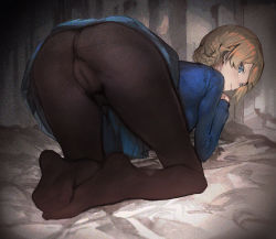 Rule 34 | 10s, 1girl, all fours, aos, ass, black pantyhose, blonde hair, blue eyes, blue skirt, blue sweater, blush, braid, cameltoe, crotch, darjeeling (girls und panzer), feet, feet together, from behind, full body, girls und panzer, gusset, pussy, legs, looking at viewer, looking back, miniskirt, no panties, no shoes, pantyhose, pleated skirt, short hair, skirt, soles, solo, sweater, thighs