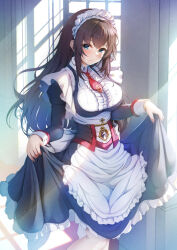 Rule 34 | 1girl, apron, azur lane, blue eyes, brown hair, clothes lift, corset, cowboy shot, curacoa (azur lane), dress, frilled apron, frilled hairband, frills, hairband, highres, imo bouya, indoors, long hair, looking at viewer, maid, maid headdress, necktie, red necktie, solo, standing, white apron, window