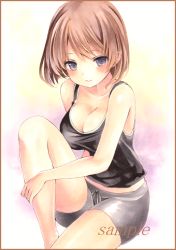 Rule 34 | 1girl, bad id, bad pixiv id, blue eyes, blush, bob cut, breasts, brown hair, cleavage, closed mouth, collarbone, colored pencil (medium), large breasts, light smile, looking at viewer, marker (medium), multicolored background, original, potto, sample watermark, sitting, solo, sportswear, tank top, thighs, traditional media, watermark
