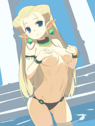 Rule 34 | 1girl, blonde hair, blue eyes, breasts, covering privates, covering breasts, earrings, elf, forehead, hair held back, jewelry, long hair, nora higuma, original, pointy ears, solo, swimsuit, topless, wading, water