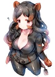 Rule 34 | 10s, 1girl, animal ears, black hair, blush, bodysuit, breasts, brown hair, cleavage, closed mouth, collarbone, cropped legs, gradient hair, highres, hippopotamus (kemono friends), kemono friends, large breasts, long hair, looking at viewer, multicolored hair, simple background, solo, sukemyon, tareme, wavy hair, white background