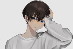 Rule 34 | 1boy, bishounen, blue eyes, blush, closed mouth, collarbone, digital thermometer, fever, gradient background, grey background, grey sweater, hand on own head, hand up, highres, long sleeves, looking at viewer, male focus, original, sick, simple background, solo, sweater, thermometer, upper body, vumiposu