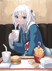 Rule 34 | 1girl, blue eyes, blue hair, blue hoodie, blush, burger, closed mouth, cup, deviantart logo, drinking, drinking straw, food, french fries, gawr gura, gawr gura (1st costume), gradient clothes, highres, holding, holding cup, hololive, hololive english, hood, hood down, hoodie, indoors, looking at viewer, multicolored hair, napkin, short twintails, sitting, solo, streaked hair, tray, twintails, twitter logo, twitter username, virtual youtuber, wersman, white hair, white hoodie