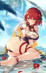 Rule 34 | 1girl, absurdres, ass, blue sky, breasts, cleavage, commentary request, day, flower, flower knight girl, hair flower, hair ornament, highres, large breasts, leg ribbon, looking at viewer, nail polish, palm tree, partially submerged, piyoyanagi, red hair, red nails, ribbon, short hair, signature, sitting, sky, solo, swimsuit, thigh ribbon, thigh strap, thighs, toenail polish, toenails, tree, tsubaki (flower knight girl), twitter username, water, yellow eyes, yokozuwari
