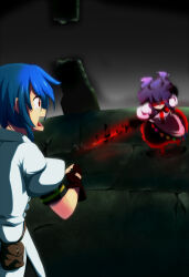 Rule 34 | 2girls, black gloves, blue hair, colored sclera, commentary request, dark persona, dual persona, fingerless gloves, gloves, glowing, glowing eyes, hinanawi tenshi, looking at another, multiple girls, open mouth, pouch, puffy short sleeves, puffy sleeves, purple hair, red eyes, red sclera, scared, shaded face, shirt, short hair, short sleeves, tearing up, tenco&#039;s story, touhou, white shirt, yocchi (tenyunkel)