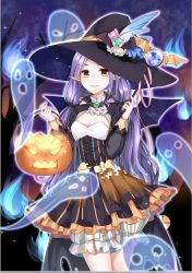 Rule 34 | 1girl, basket, black hat, bloomers, bow, breasts, brown eyes, brown skirt, cleavage, cross-laced clothes, ghost, hat, hat bow, jack-o&#039;-lantern, long hair, looking at viewer, night, original, parted lips, pointy ears, purple hair, skirt, small breasts, standing, underwear, very long hair, wand, witch hat, yuu li (glass)